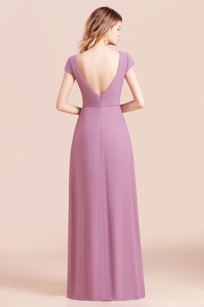 BMbridal Chic V-Neck Chiffon Wisteria Bridesmaid Dresses with Short Sleeves-BMbridal