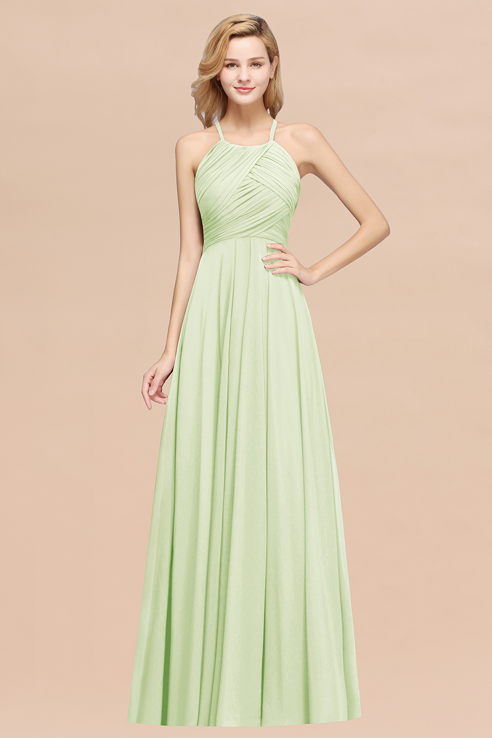 BMbridal Halter Crisscross Pleated Bridesmaid Dress Blue Chiffon Sleeveless Maid of Honor Dress-BMbridal