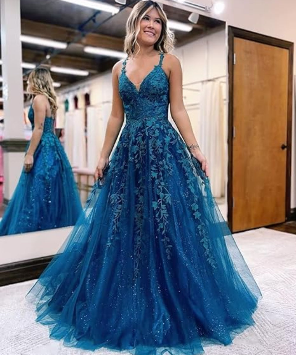 Tulle Lace Appliques Sparkly Prom Dresses A Line with Slit V Neck Formal Party Dress-BMbridal.UK