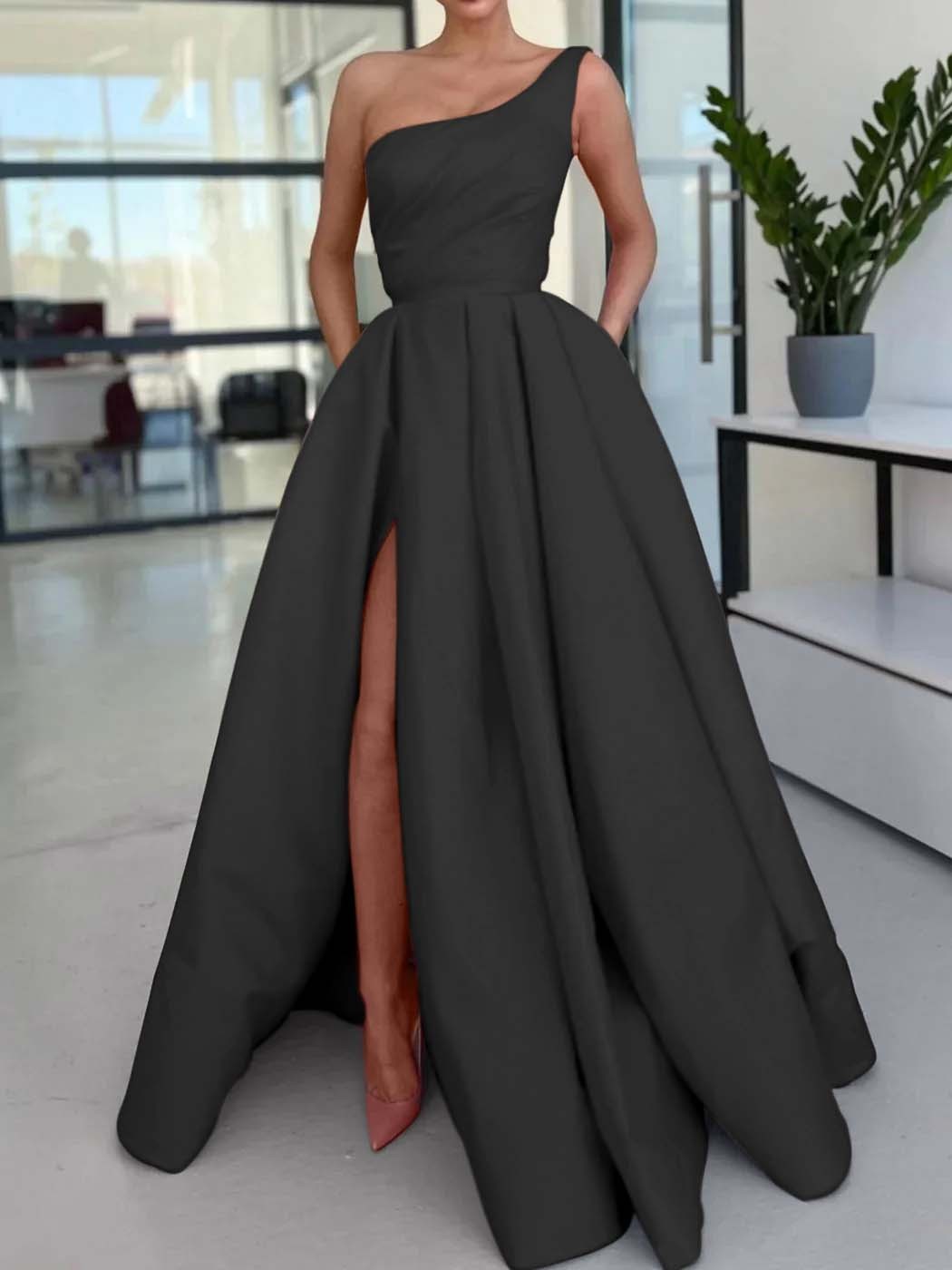 One Shoulder Sleeveless Long High Split Prom Dress With Pockets