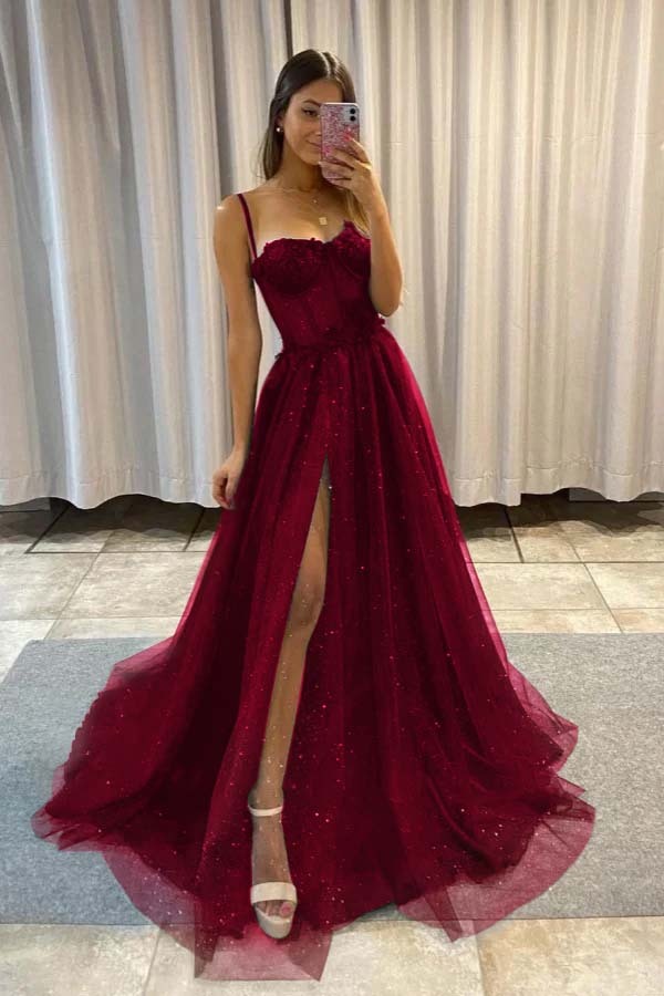 Spaghetti Strap Sleeveless Long Split Prom Dress With Sequins