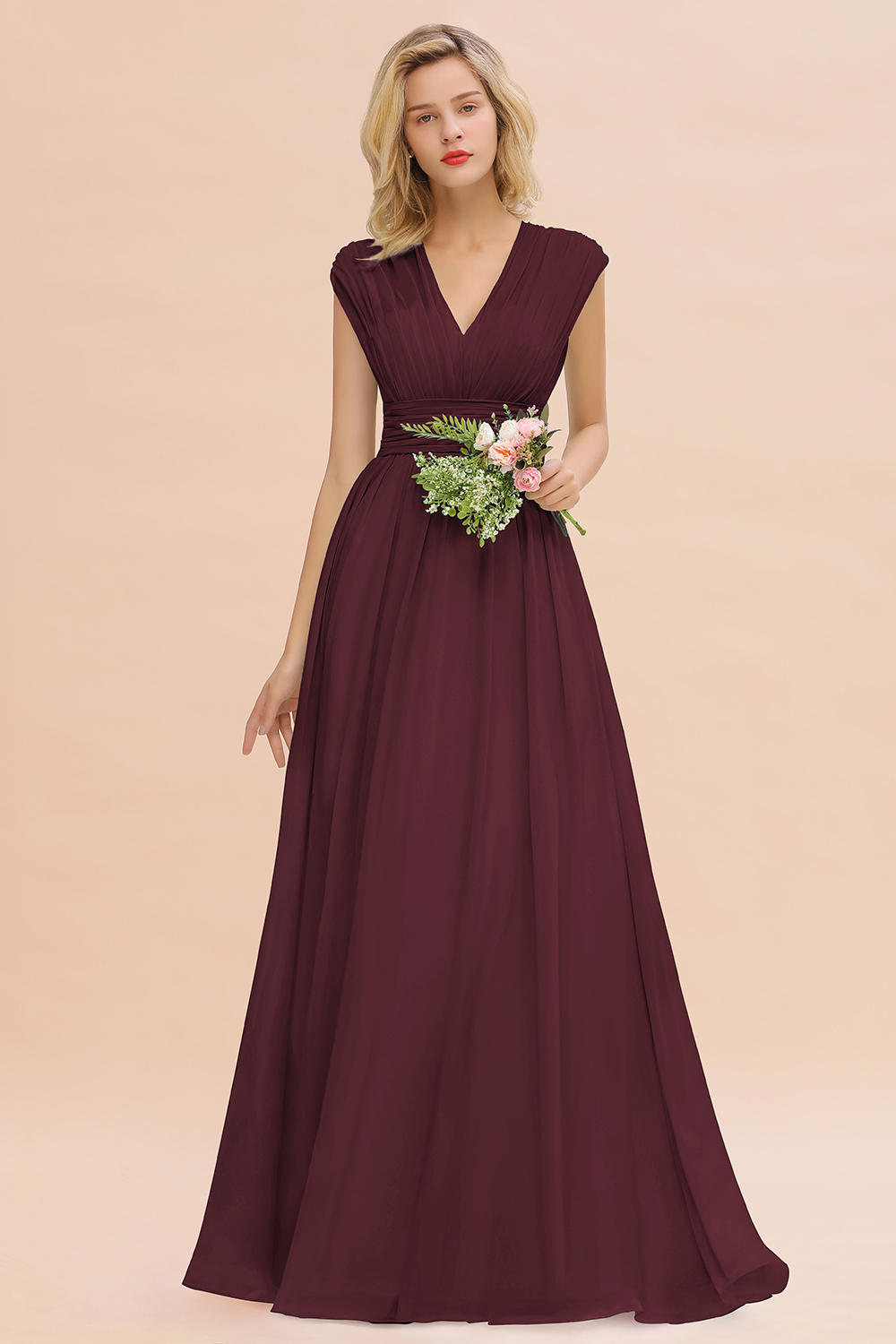 BMbridal Elegant Chiffon V-Neck Ruffle Long Bridesmaid Dresses Affordable-BMbridal
