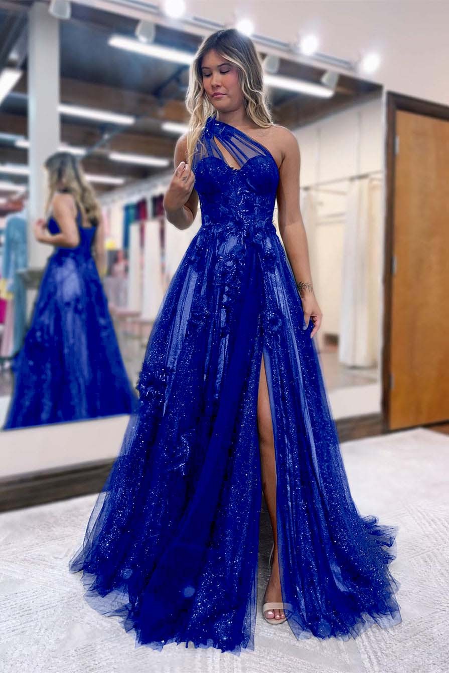 Black One Shoulder A Line Prom Dress Side Split Tulle With Appliques