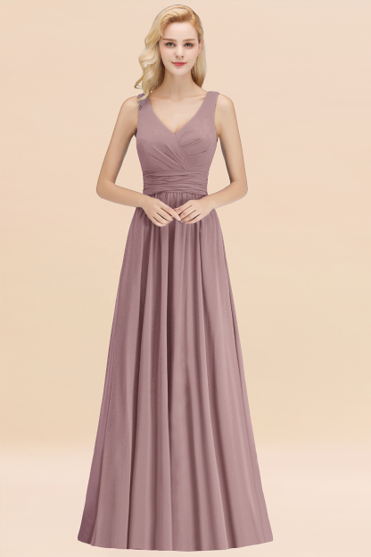 BMbridal Modest Sleeveless V-Neck Long Chiffon Bridesmaid Dress Online with Ruffle-BMbridal