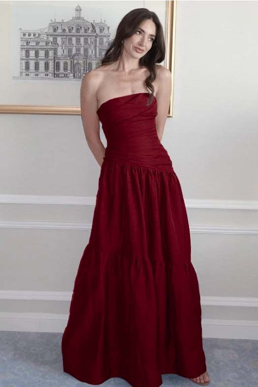 Strapless Sleeveless A Line Long Prom Dress With Pleated Pockets