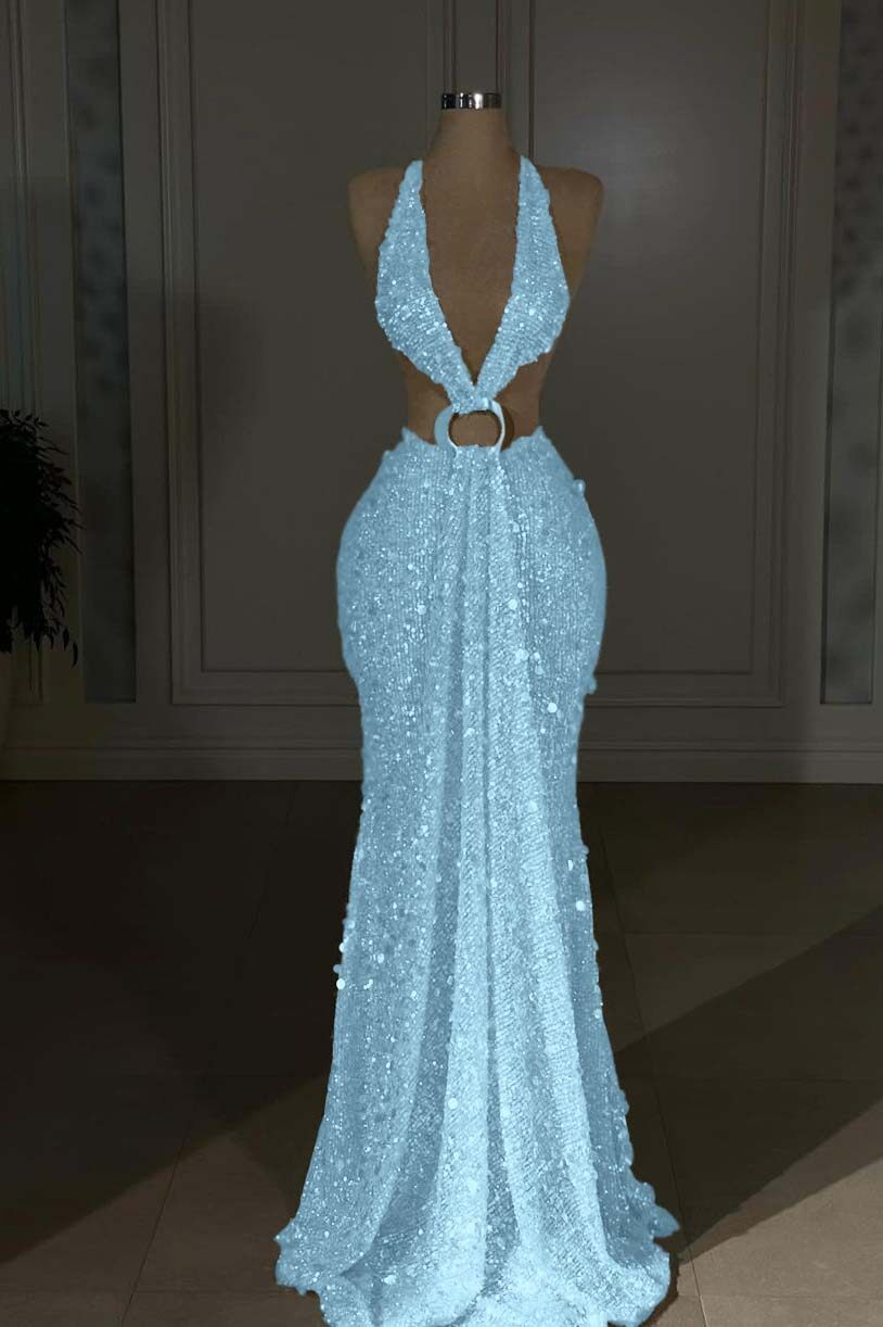 Halter Sleeveless Backless Long Mermaid Prom Dress With Sequins