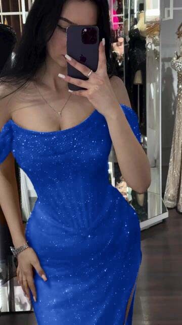 Sequins Off the Shoulder Sleeveless Long Prom Dress With Split