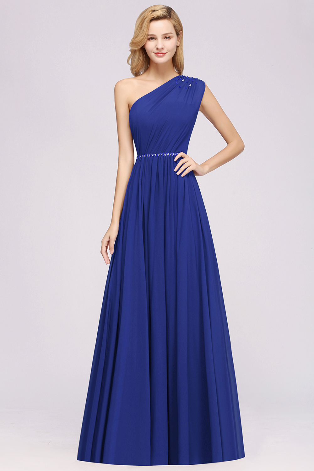 BMbridal Modest One-shoulder Royal Blue Affordable Bridesmaid Dress with Beadings-BMbridal