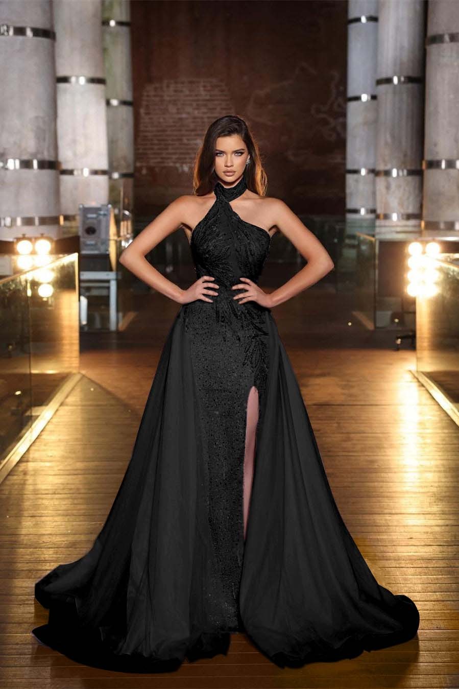 Purple Halter Mermaid Prom Dress Tulle Ruffles With Split Appliques