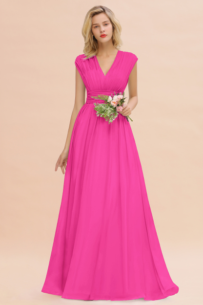 BMbridal Elegant Chiffon V-Neck Ruffle Long Bridesmaid Dresses Affordable-BMbridal