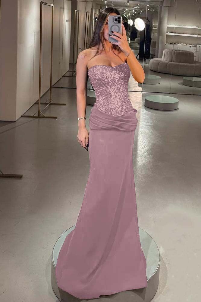 Strapless Sleeveless Long Mermaid Prom Dress With Pleated Sequins