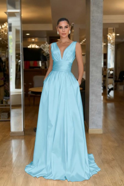 Straps Sleeveless High Waist Long Prom Dress With Pockets Pleated
