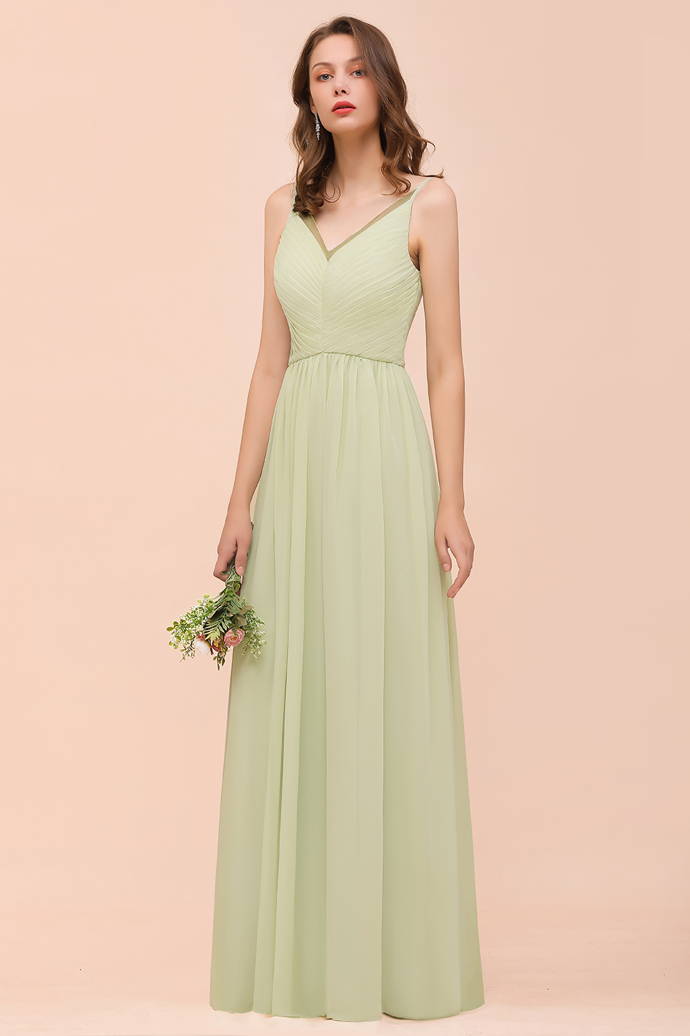 BMbridal Popular V-Neck Sage Chiffon Affordable Bridesmaid Dress with Low Back-BMbridal