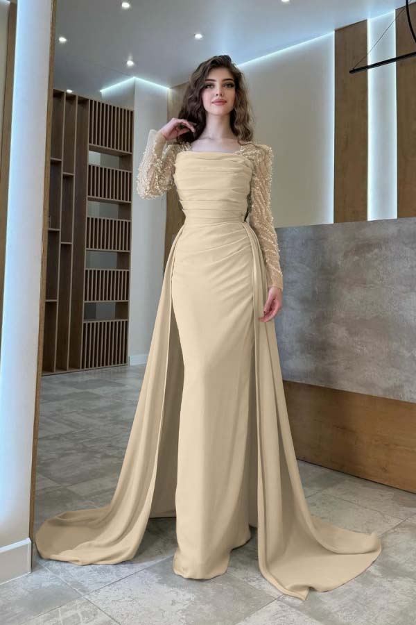 Long Sleeves Square Neck Long Mermaid Prom Dress With Pleated
