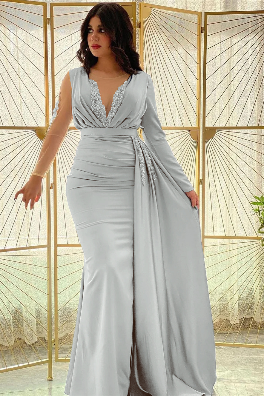 Mermaid Long Sleeves Beadings Pleated Prom Dress Side Split With Ruffles