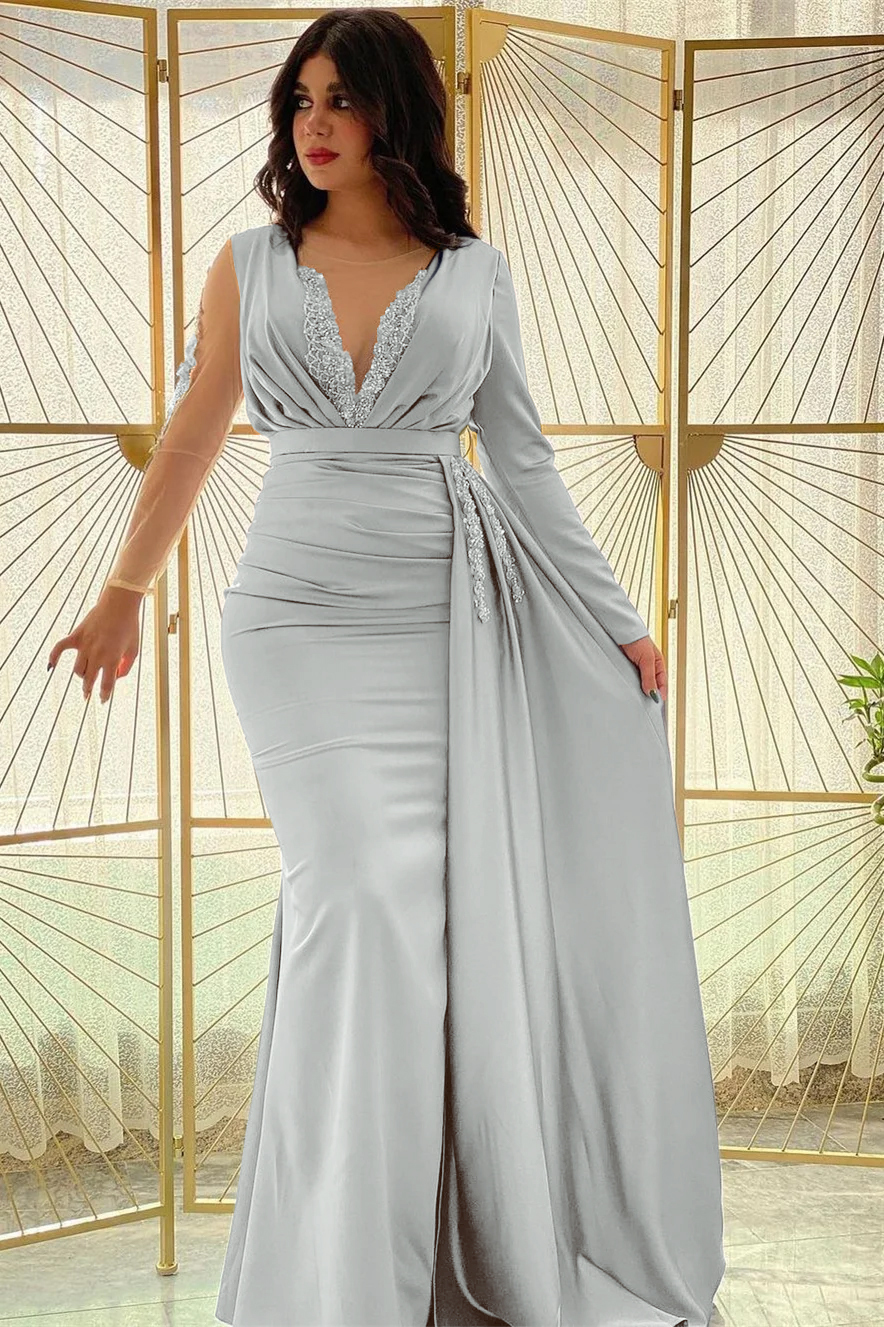 Mermaid Long Sleeves Beadings Pleated Prom Dress Side Split With Ruffles