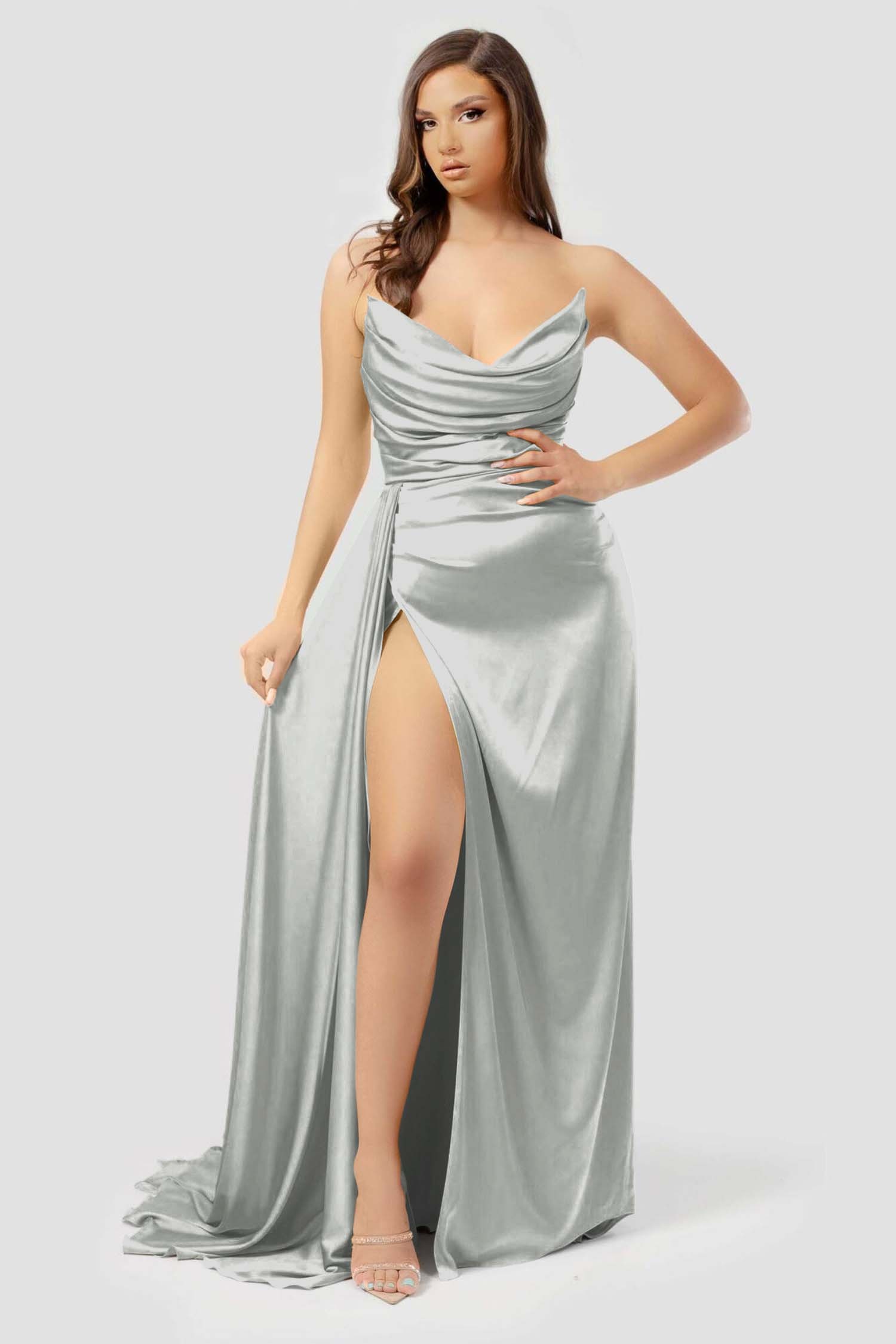 Yellow Long Prom Dress With Pleated High Slit Strapless Sleeveless