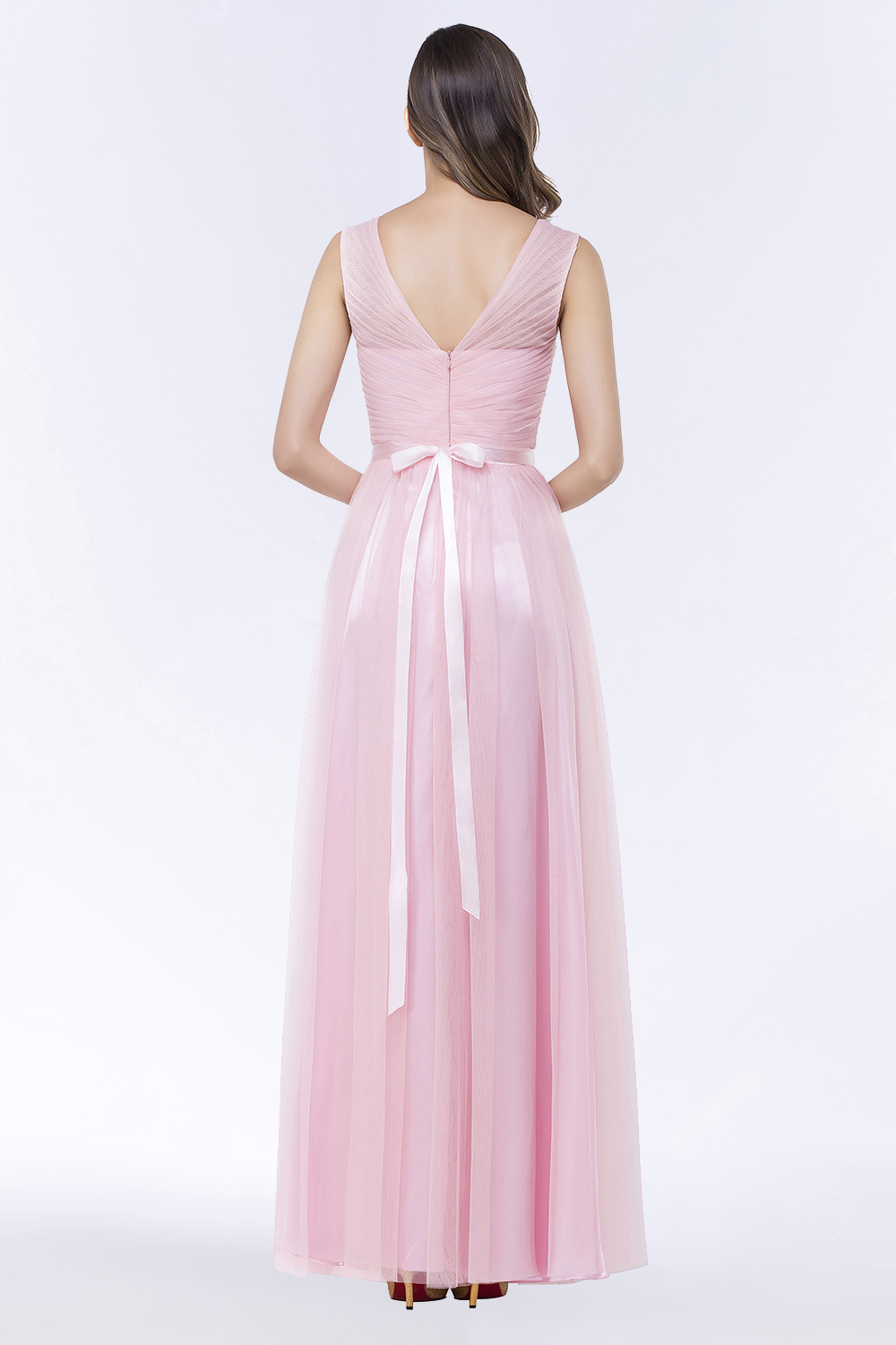 BMbridal Elegant Tulle V-Neck Sleeveless Ruffle Long Bridesmaid Dress with Sash-BMbridal