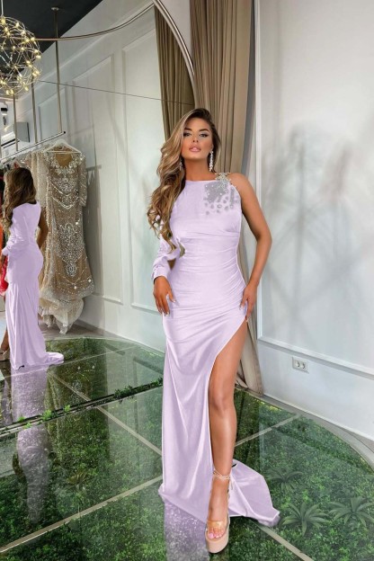 Green Satin With Split Prom Dress One Shoulder One Long Sleeve