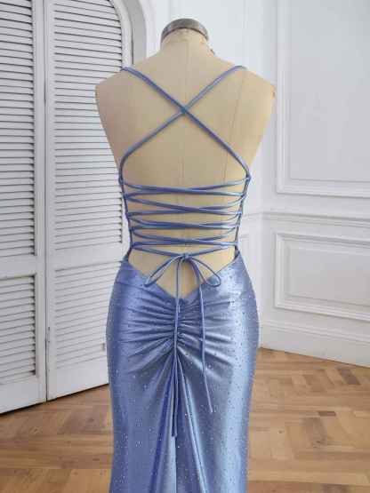 Blue Mermaid Spaghetti Straps V-Neck Rhinestone Prom Dress