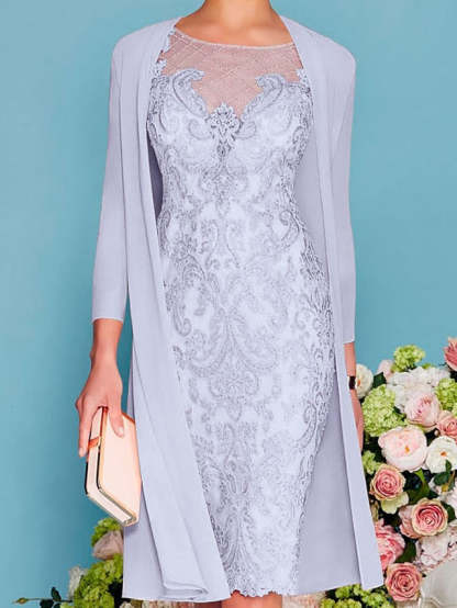 Long-Sleeved Knee-Length Sheath Dress with Lace Beading for the Mother of the Bride