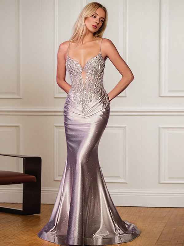Sage Mermaid Spaghetti Straps Long Prom Dress With Appliques