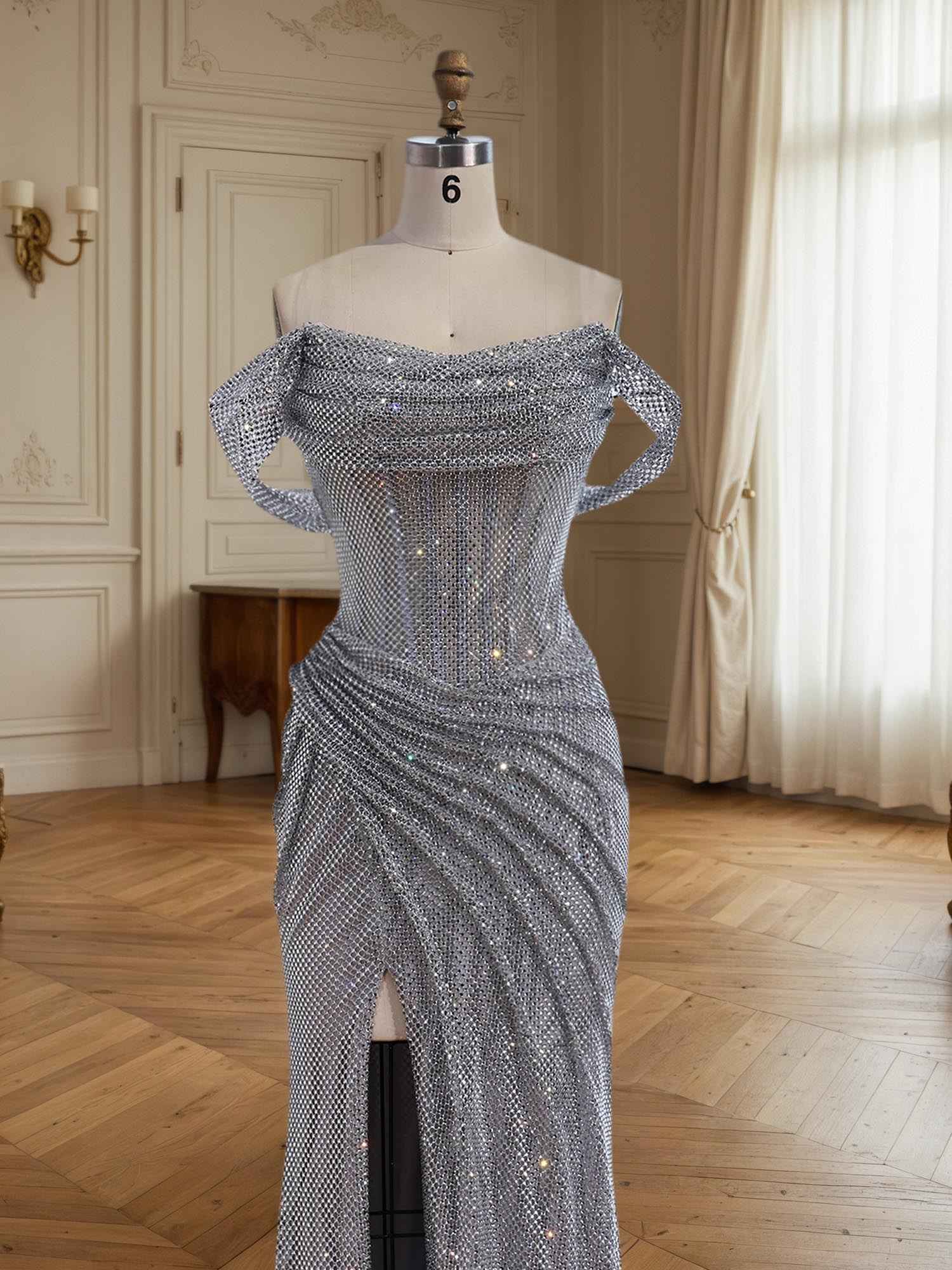 Sparkly Off-the-Shoulder Mesh Ruched Bodice Long Prom Dress with High Slit