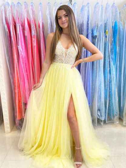 Yellow A Line Spaghetti Straps Tulle Long Prom Dress with Appliques