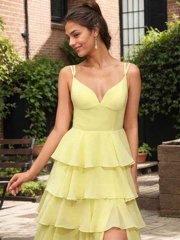 Yellow A Line V-Neck Ruffled Tiered Chiffon Prom Dress with Slit
