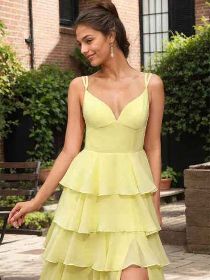 Yellow A Line V-Neck Ruffled Tiered Chiffon Prom Dress with Slit