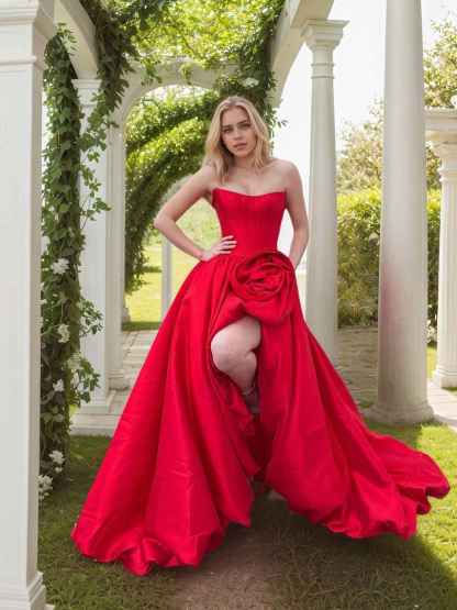 Strapless 3D Flower Prom Dresses for Women High Slit Satin Formal Dress