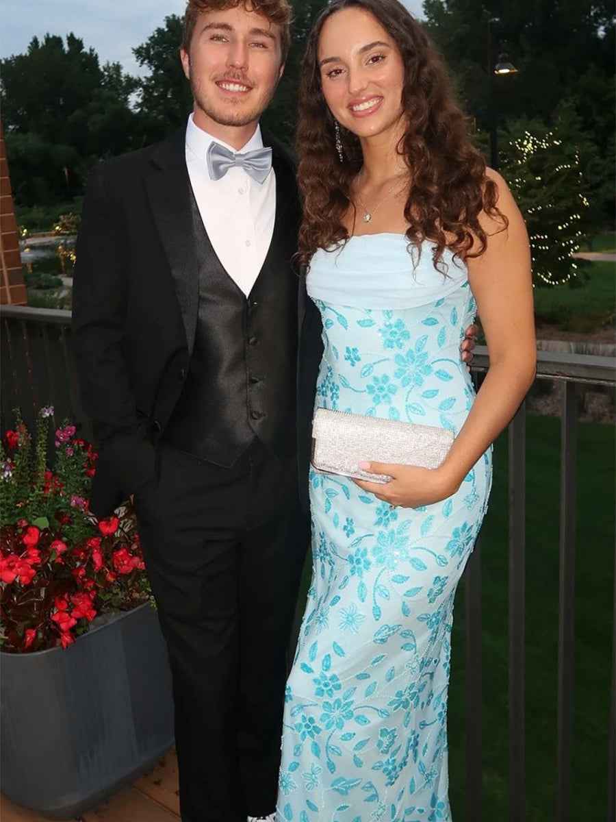 Light Blue Strapless Floral Beaded Prom Dress with Corset Back