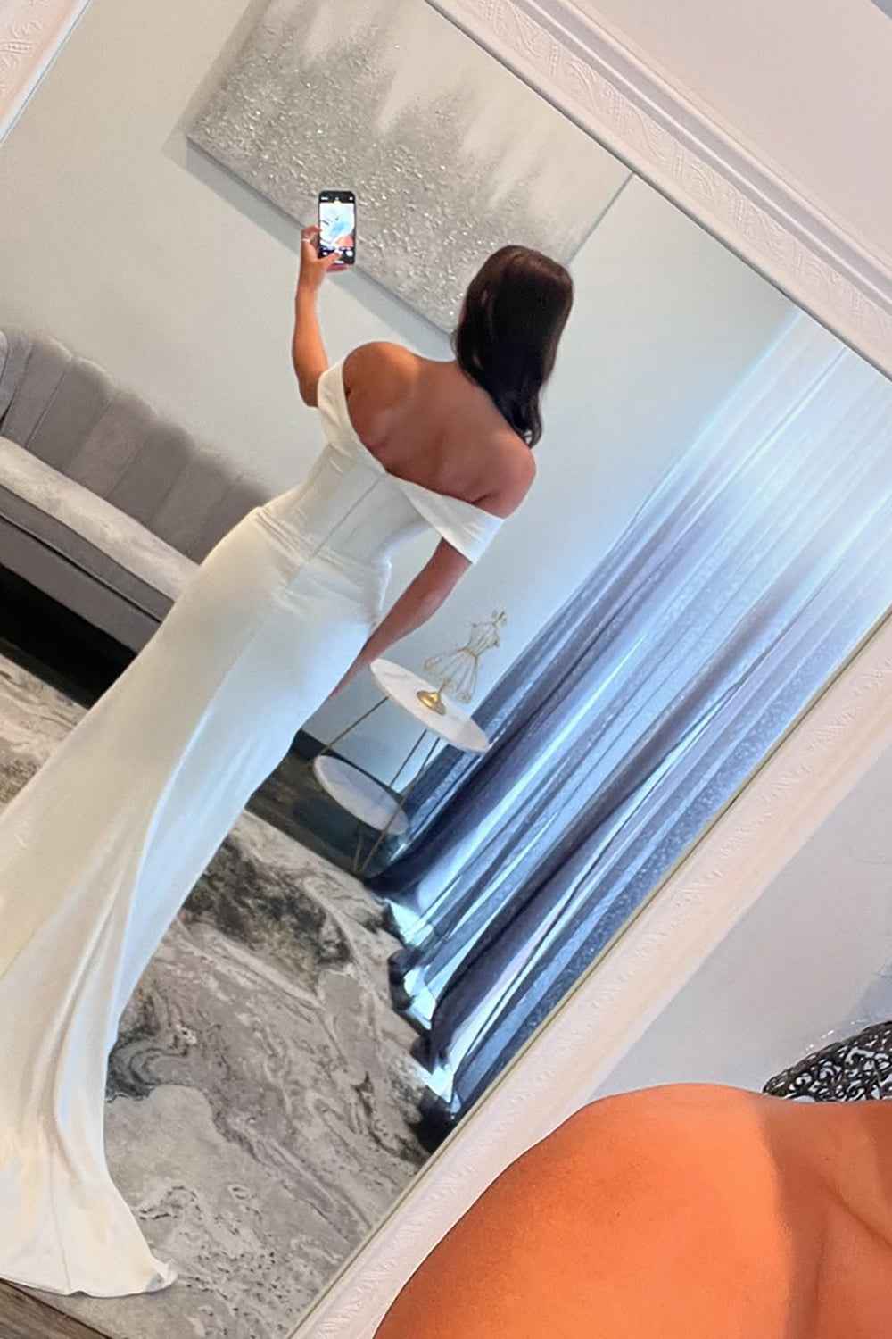 White Off The Shoulder Mermaid Satin Long Corset Prom Dress with Beading