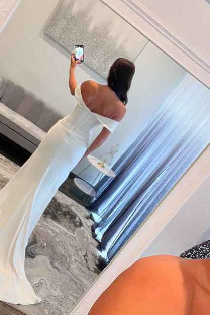 White Off The Shoulder Mermaid Satin Long Corset Prom Dress with Beading