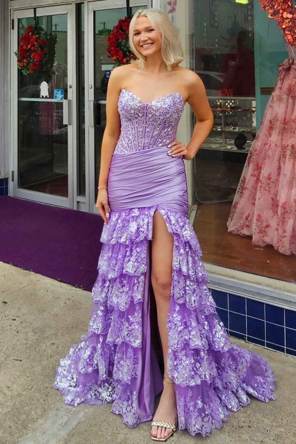 Red Sweetheart Mermaid Tulle Ruffled Long Corset Prom Dress with Sequin Appliques