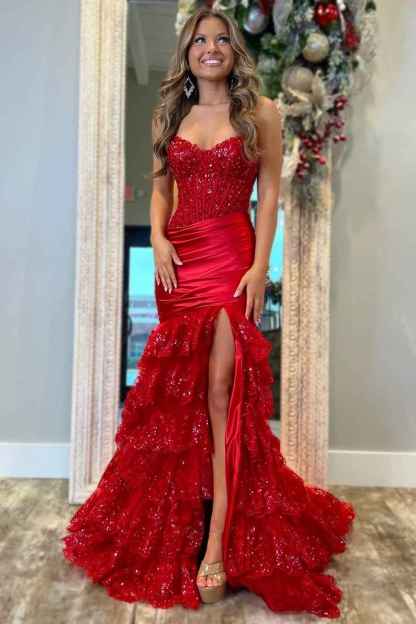 Red Sweetheart Mermaid Tulle Ruffled Long Corset Prom Dress with Sequin Appliques