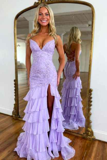 Sparkly Lilac Lace Appliques Sheath Tiered Long Chiffon Prom Dress with Slit