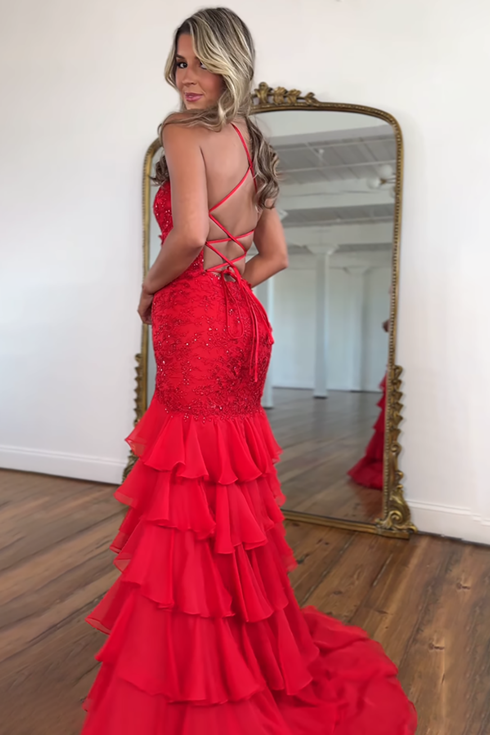 Sparkly Lilac Lace Appliques Sheath Tiered Long Chiffon Prom Dress with Slit