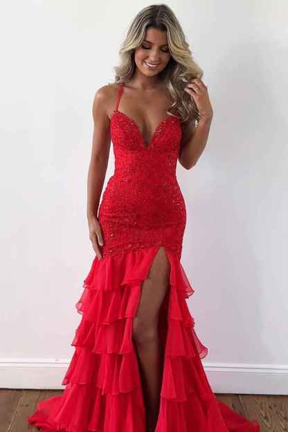 Sparkly Lilac Lace Appliques Sheath Tiered Long Chiffon Prom Dress with Slit