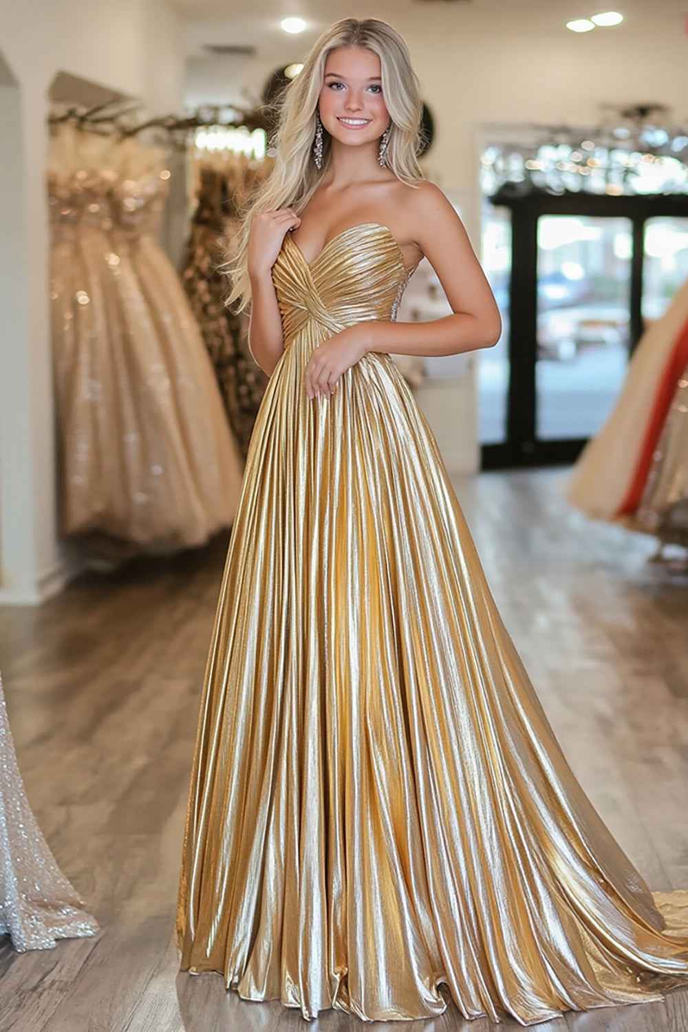 Chic Gold Metallic Satin Deep V Neck Pleated A Line Long Prom Dress
