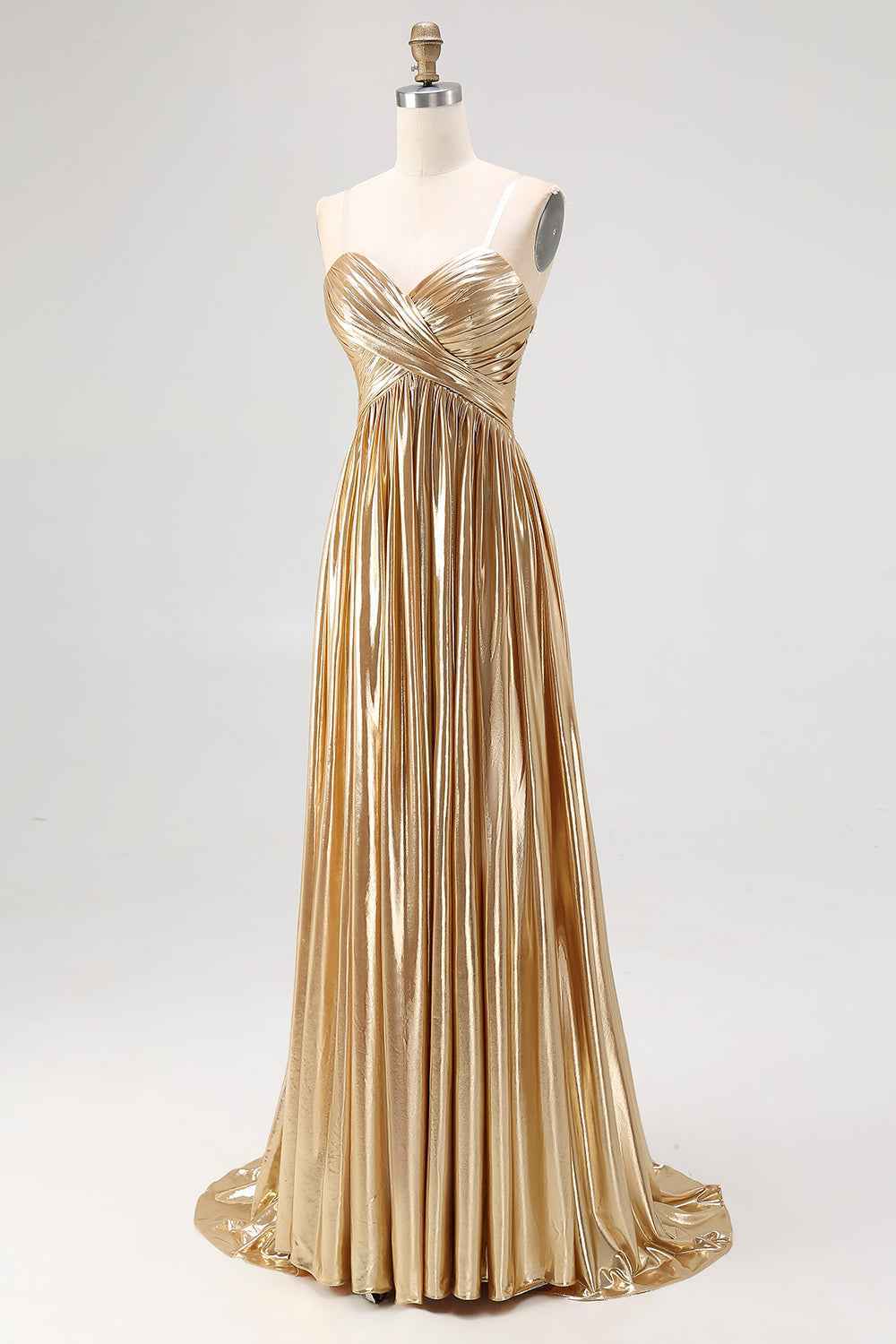 Chic Gold Metallic Satin Deep V Neck Pleated A Line Long Prom Dress