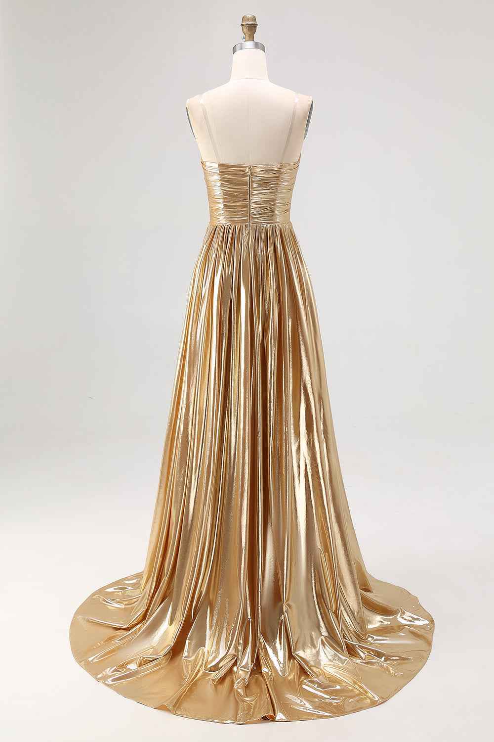 Chic Gold Metallic Satin Deep V Neck Pleated A Line Long Prom Dress