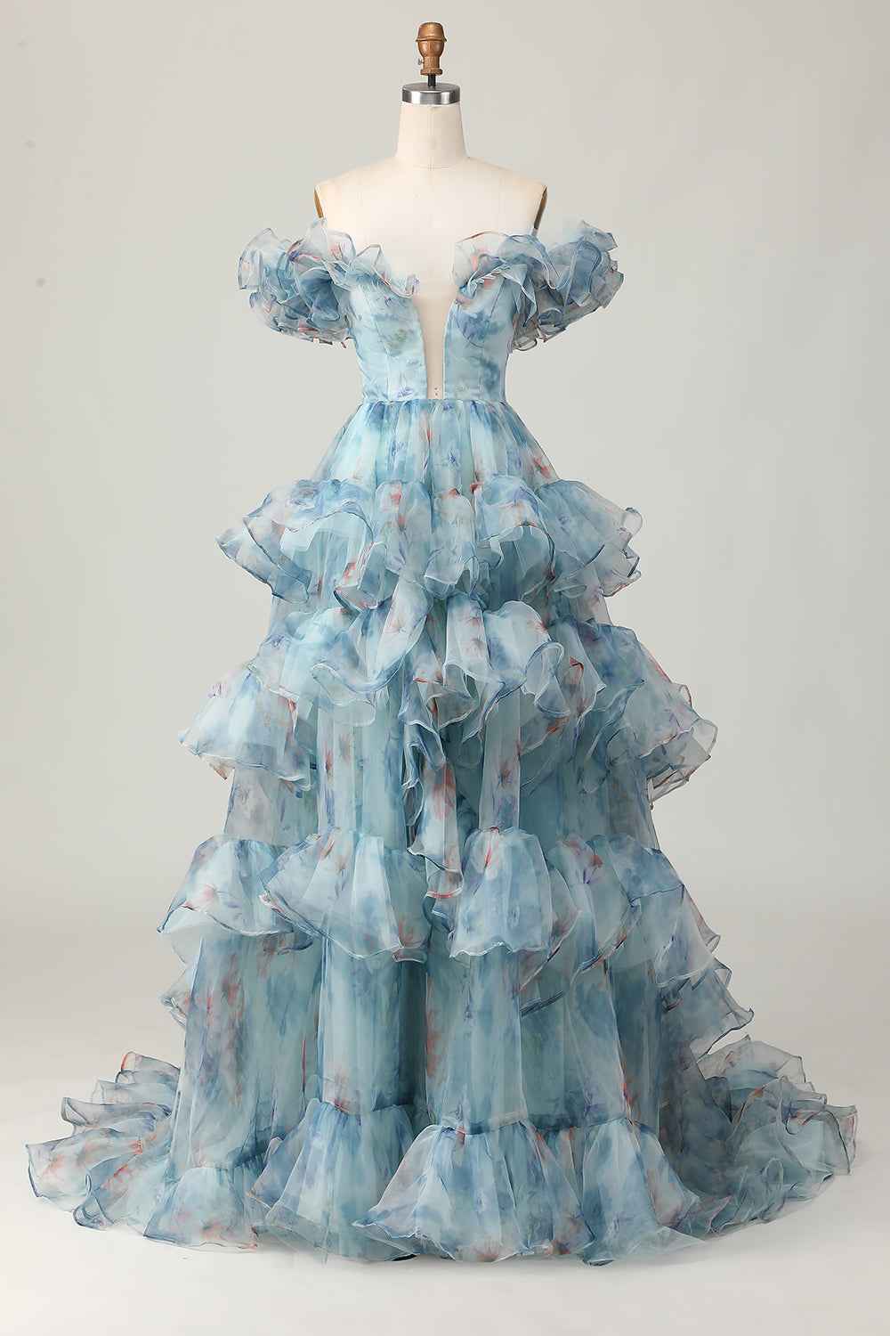Blue Floral Print Off the Shoulder Princess Organza Long Prom Dress with Ruffles