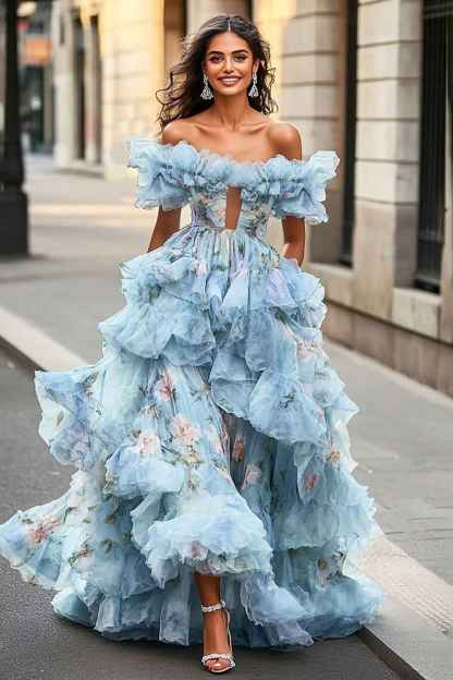 Blue Floral Print Off the Shoulder Princess Organza Long Prom Dress with Ruffles