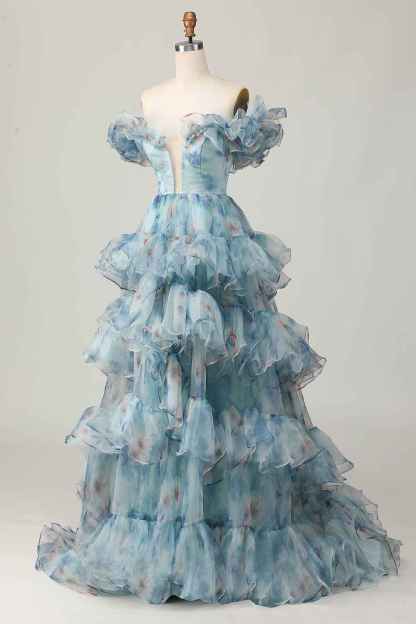 Blue Floral Print Off the Shoulder Princess Organza Long Prom Dress with Ruffles
