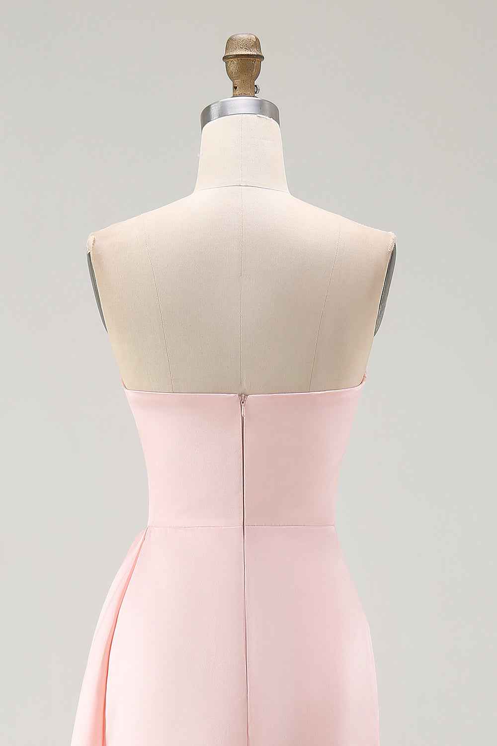 Pink Strapless Ruffled Sheath Long Satin Prom Dress