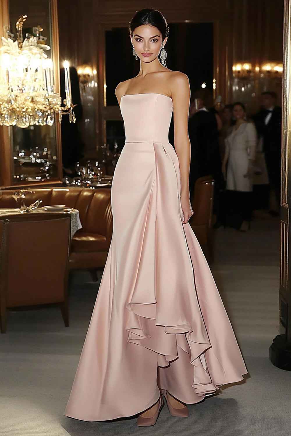 Pink Strapless Ruffled Sheath Long Satin Prom Dress