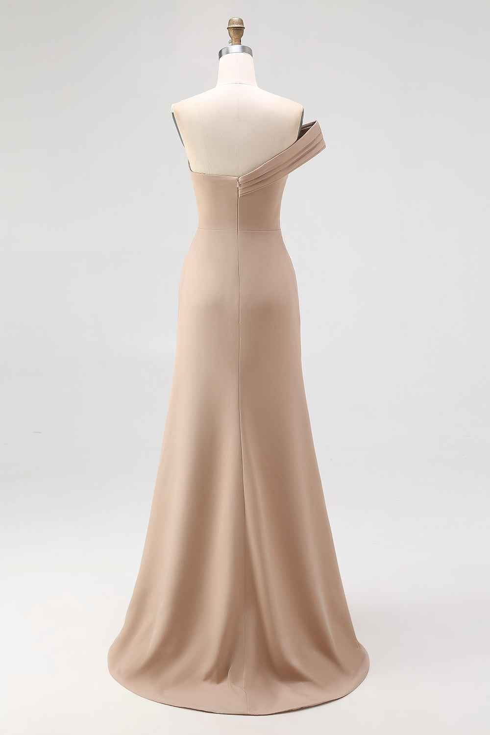 Light Khaki Ruched One Shoulder Sheath Long Satin Gala Dress