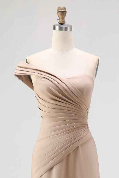 Light Khaki Ruched One Shoulder Sheath Long Satin Gala Dress
