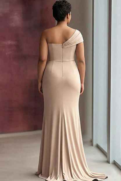 Light Khaki Ruched One Shoulder Sheath Long Satin Gala Dress